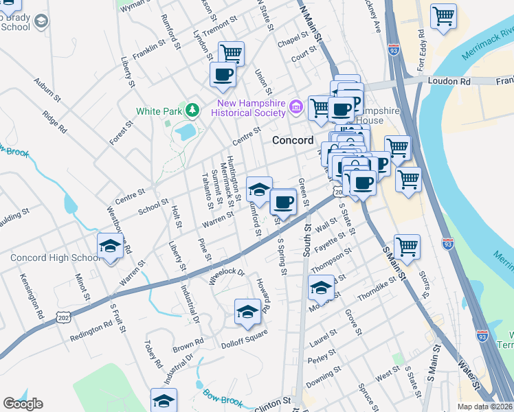 map of restaurants, bars, coffee shops, grocery stores, and more near 67 Warren Street in Concord