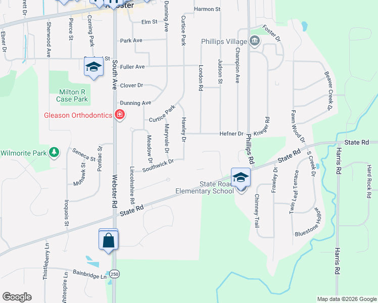 map of restaurants, bars, coffee shops, grocery stores, and more near 38 Hawley Drive in Webster