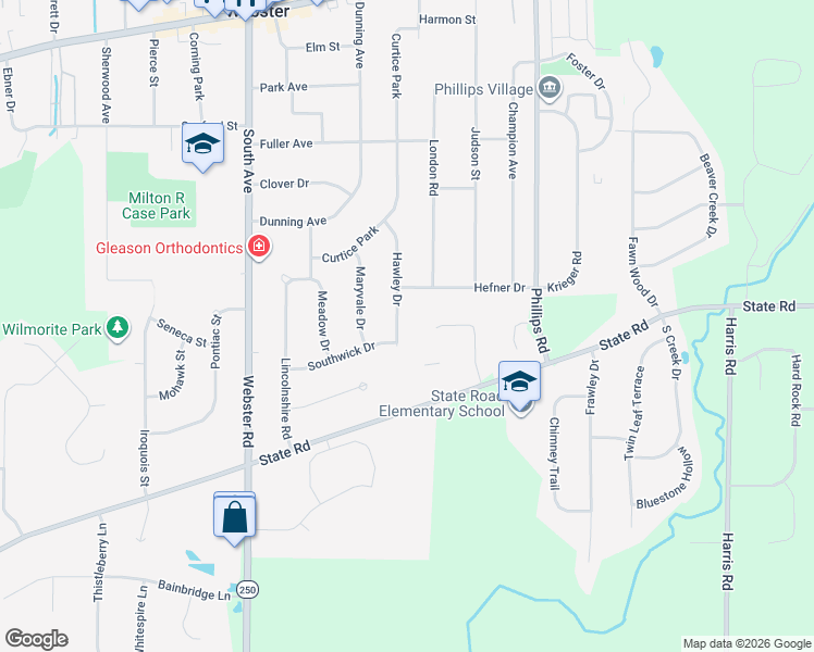 map of restaurants, bars, coffee shops, grocery stores, and more near 38 Hawley Drive in Webster