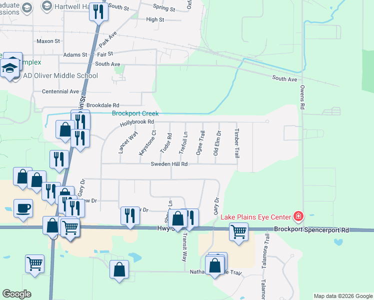 map of restaurants, bars, coffee shops, grocery stores, and more near 25 Trefoil Lane in Brockport