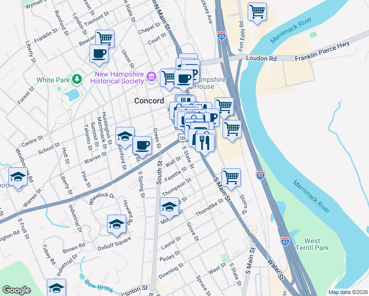 map of restaurants, bars, coffee shops, grocery stores, and more near 17 South State Street in Concord