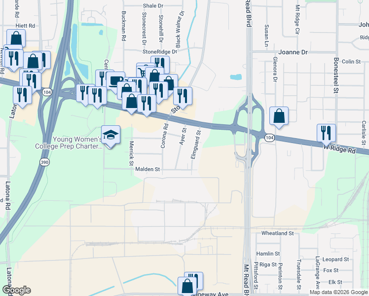 map of restaurants, bars, coffee shops, grocery stores, and more near 93 Ayer Street in Rochester