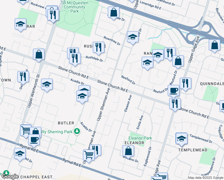 map of restaurants, bars, coffee shops, grocery stores, and more near 680 Stone Church Road East in Hamilton