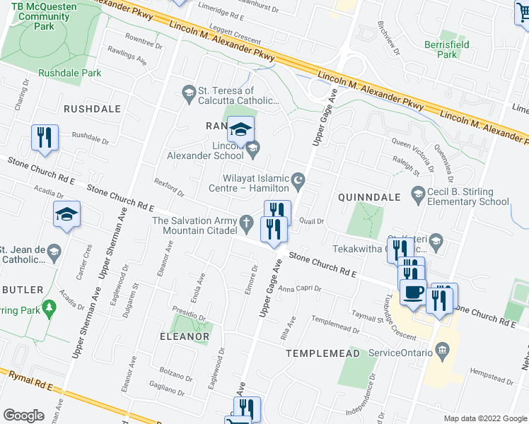map of restaurants, bars, coffee shops, grocery stores, and more near 408 Rexford Drive in Hamilton