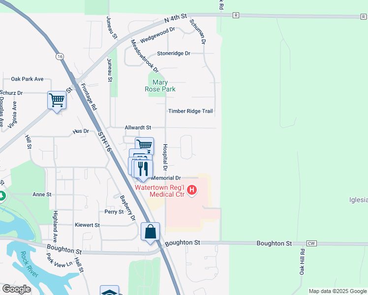 map of restaurants, bars, coffee shops, grocery stores, and more near 201 Woodland Drive in Watertown