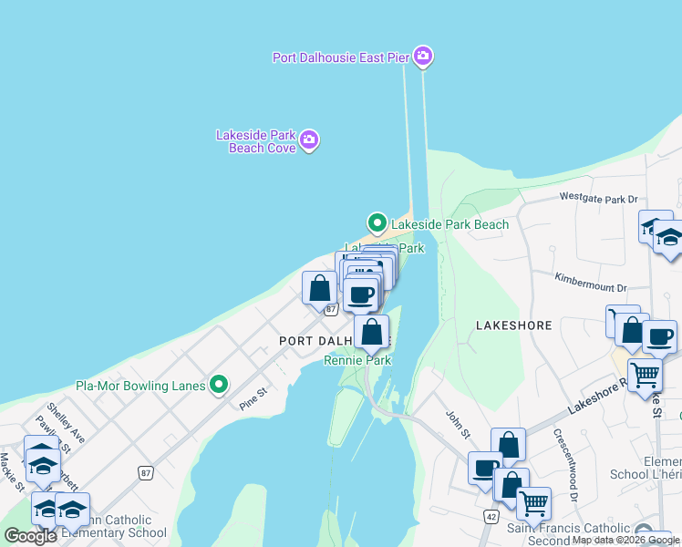 map of restaurants, bars, coffee shops, grocery stores, and more near 42 Lock Street in St. Catharines