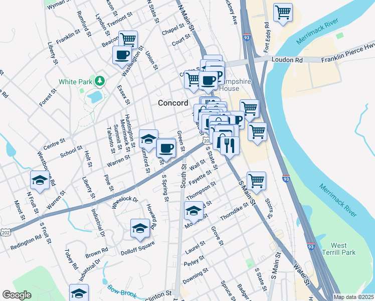 map of restaurants, bars, coffee shops, grocery stores, and more near 35 Pleasant Street in Concord
