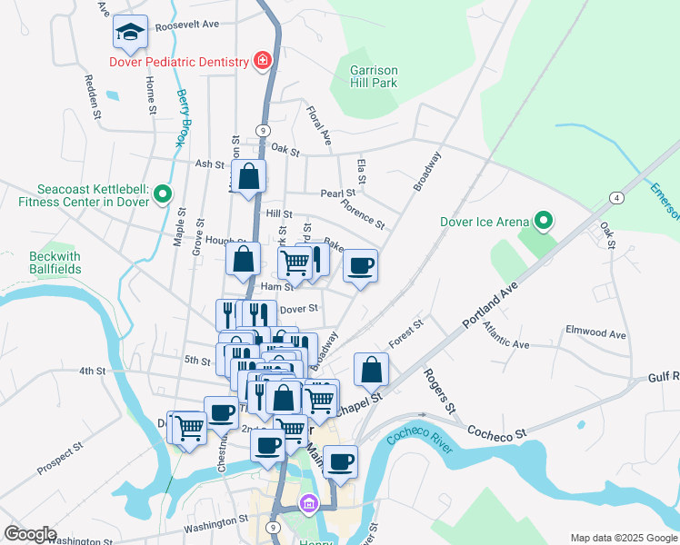 map of restaurants, bars, coffee shops, grocery stores, and more near 16 Everett Street in Dover
