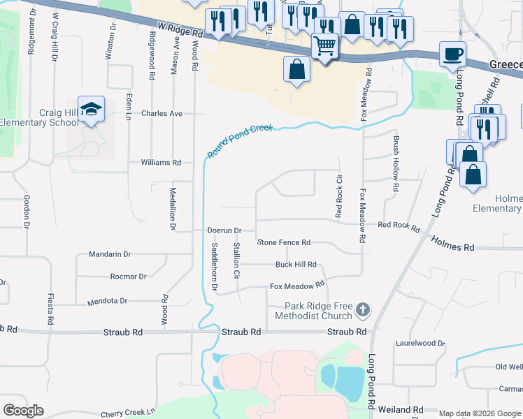 map of restaurants, bars, coffee shops, grocery stores, and more near 290 Stone Fence Road in Rochester
