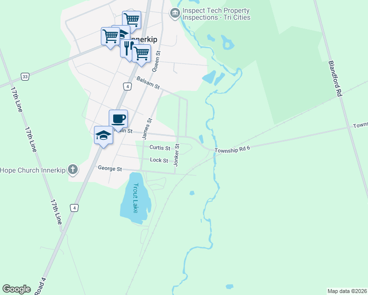 map of restaurants, bars, coffee shops, grocery stores, and more near 87 Curtis Street in Innerkip