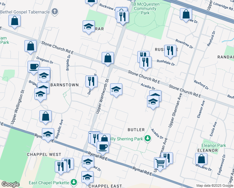 map of restaurants, bars, coffee shops, grocery stores, and more near 157 Twin Crescent in Hamilton