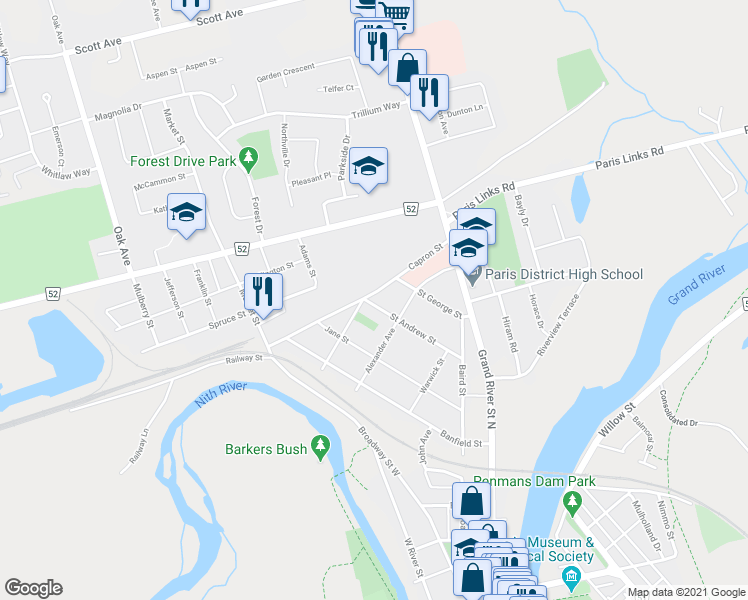 map of restaurants, bars, coffee shops, grocery stores, and more near 57 Saint Andrew Street in Brant