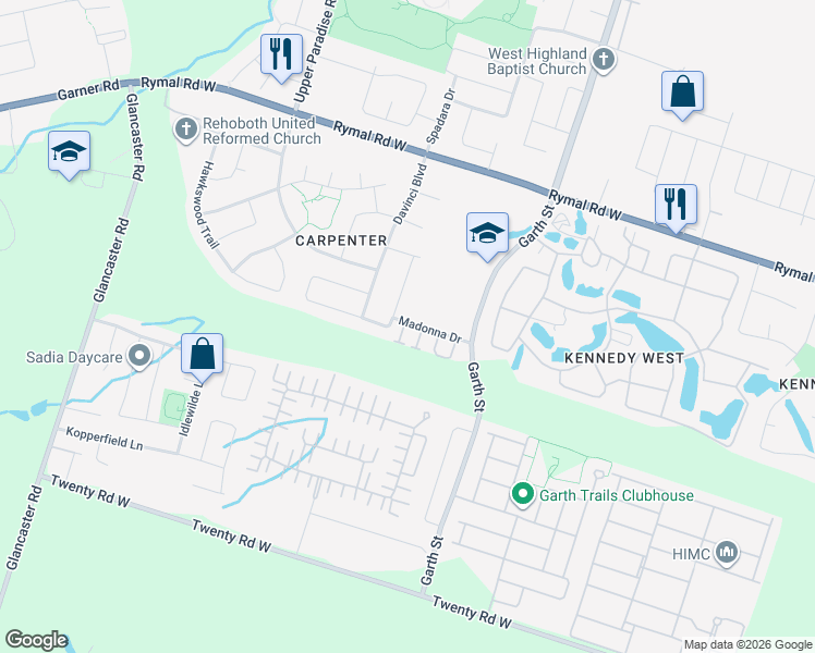 map of restaurants, bars, coffee shops, grocery stores, and more near 55 Madonna Drive in Hamilton