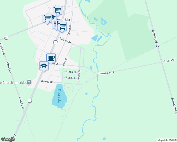 map of restaurants, bars, coffee shops, grocery stores, and more near 46 Matheson Crescent in Innerkip