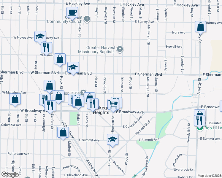 map of restaurants, bars, coffee shops, grocery stores, and more near 2643 Howden Street in Muskegon Heights