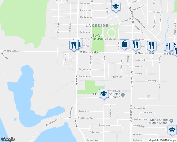 map of restaurants, bars, coffee shops, grocery stores, and more near 2313 Hughes Avenue in Norton Shores