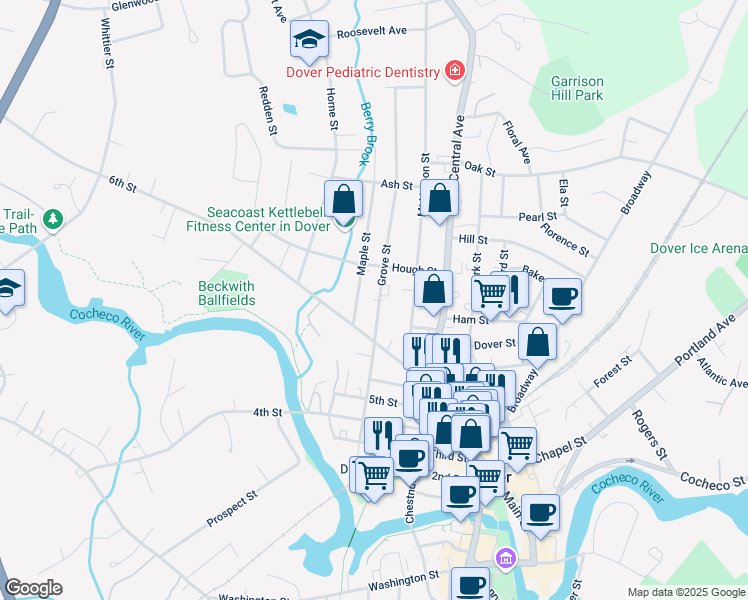 map of restaurants, bars, coffee shops, grocery stores, and more near 59 Grove Street in Dover