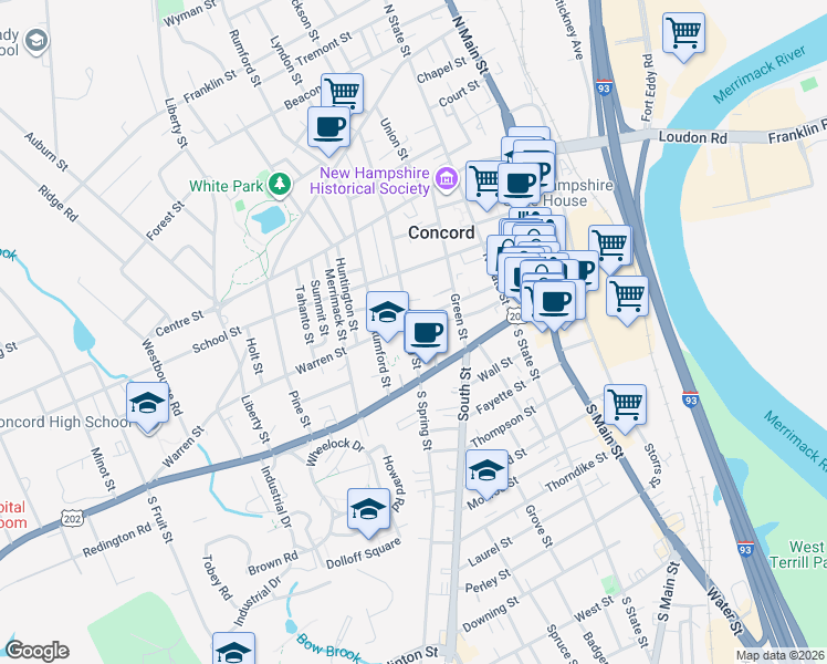 map of restaurants, bars, coffee shops, grocery stores, and more near 18 North Spring Street in Concord