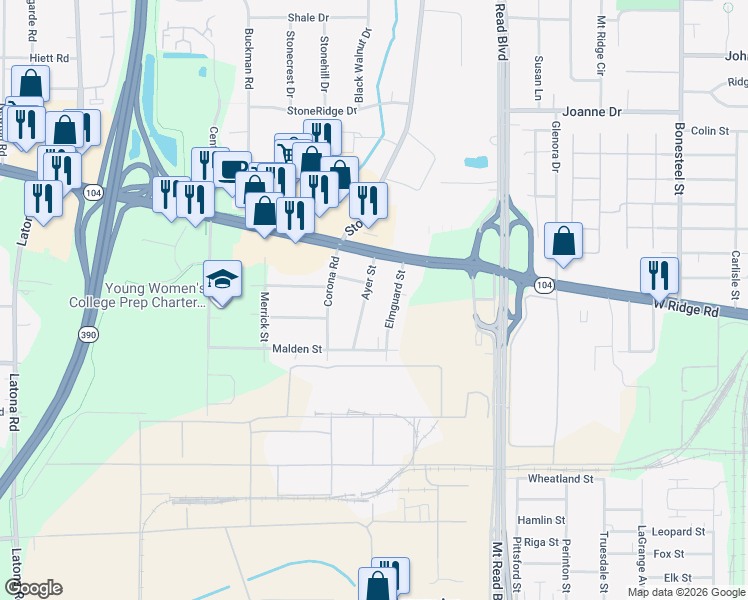 map of restaurants, bars, coffee shops, grocery stores, and more near 93 Ayer Street in Rochester