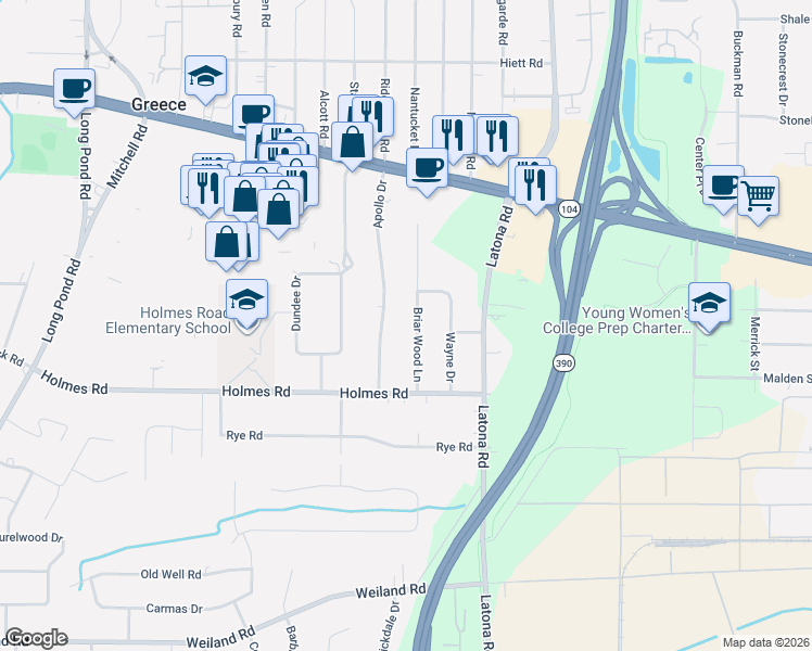 map of restaurants, bars, coffee shops, grocery stores, and more near 59 Briar Wood Lane in Rochester
