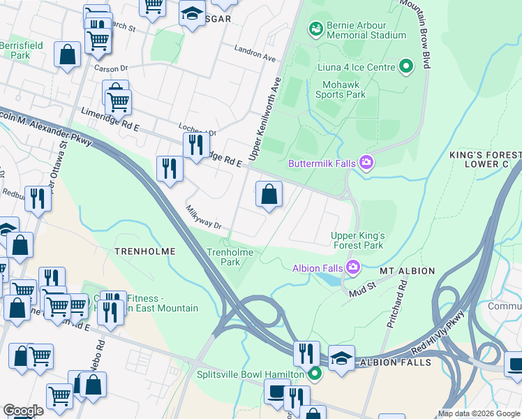 map of restaurants, bars, coffee shops, grocery stores, and more near 35 Trenholme Crescent in Hamilton