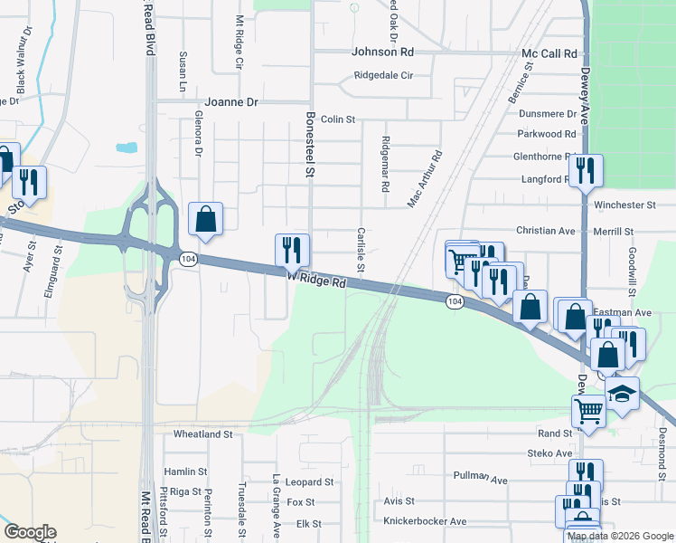 map of restaurants, bars, coffee shops, grocery stores, and more near 901 West Ridge Road in Rochester