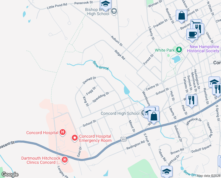 map of restaurants, bars, coffee shops, grocery stores, and more near 3 Spaulding Street in Concord