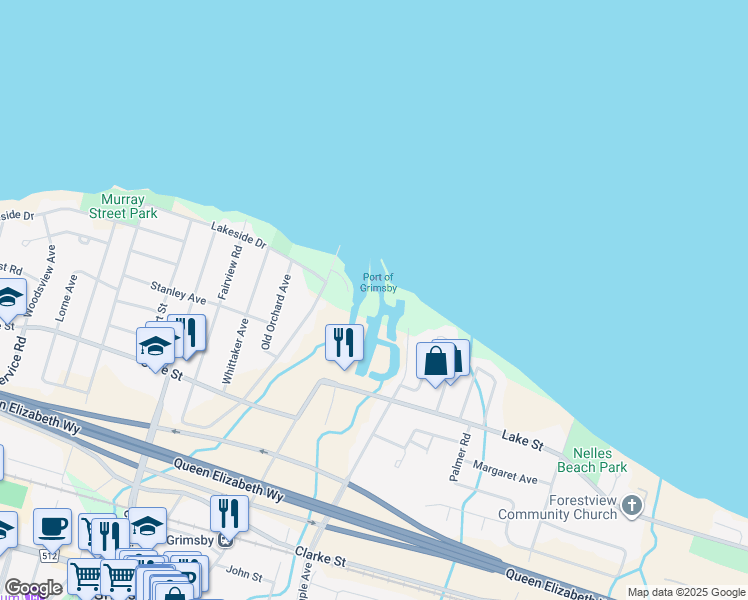 map of restaurants, bars, coffee shops, grocery stores, and more near 15 Lake Street in Grimsby