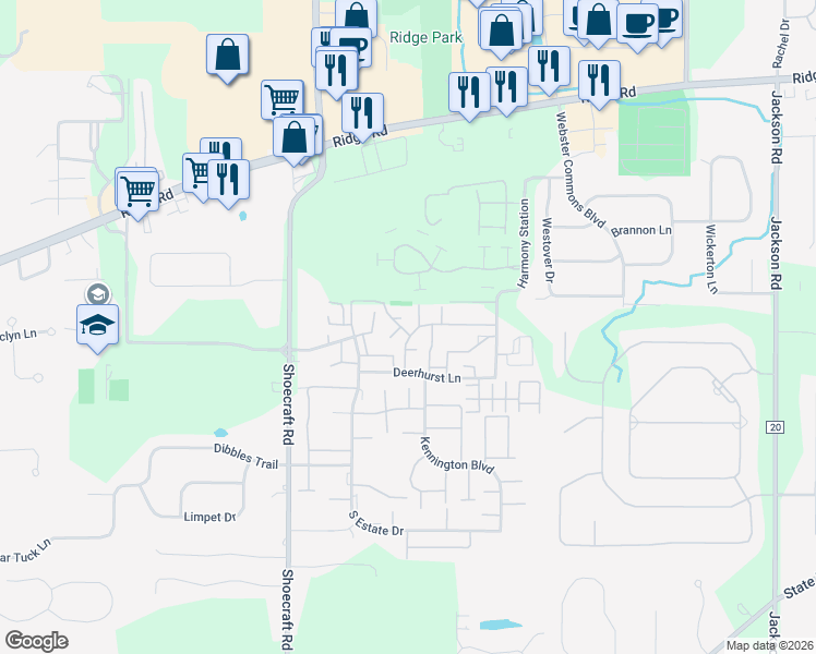 map of restaurants, bars, coffee shops, grocery stores, and more near 121 Deerhurst Lane in Webster