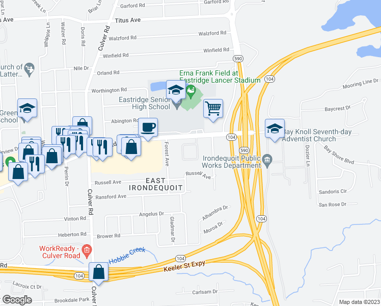 map of restaurants, bars, coffee shops, grocery stores, and more near 2389 E Ridge Rd in Irondequoit