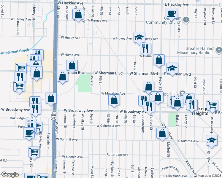 map of restaurants, bars, coffee shops, grocery stores, and more near 2644 8th Street in Muskegon Heights