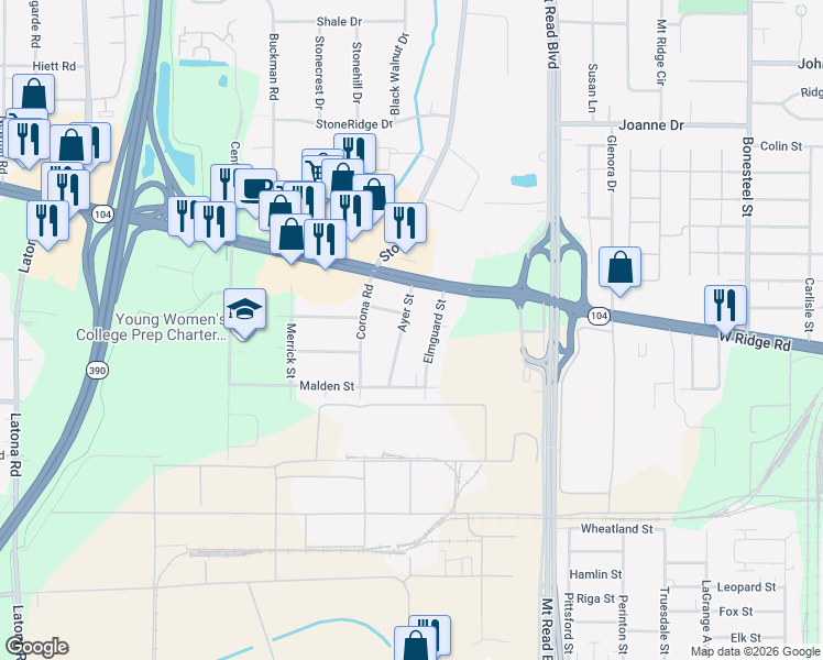 map of restaurants, bars, coffee shops, grocery stores, and more near 93 Ayer Street in Rochester