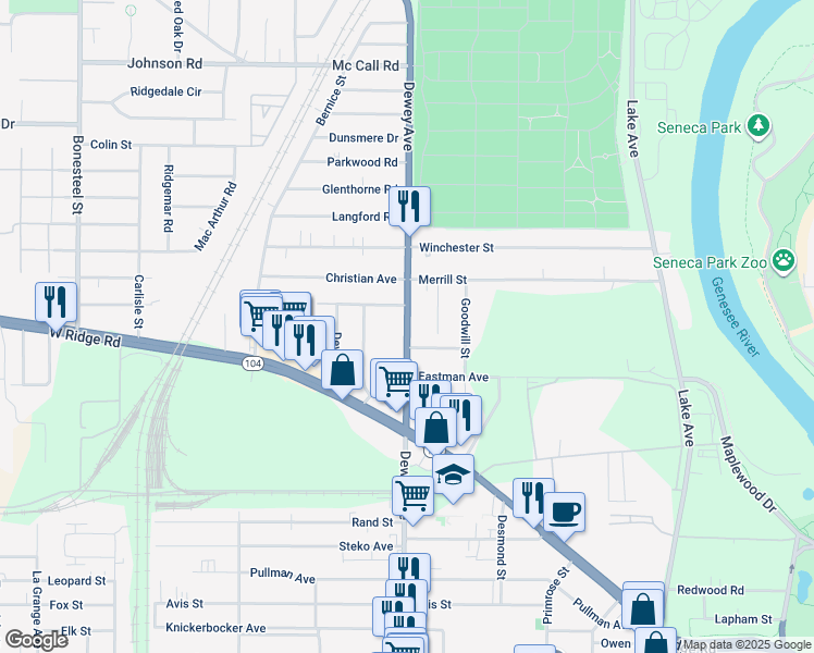 map of restaurants, bars, coffee shops, grocery stores, and more near 1945 Dewey Avenue in Rochester