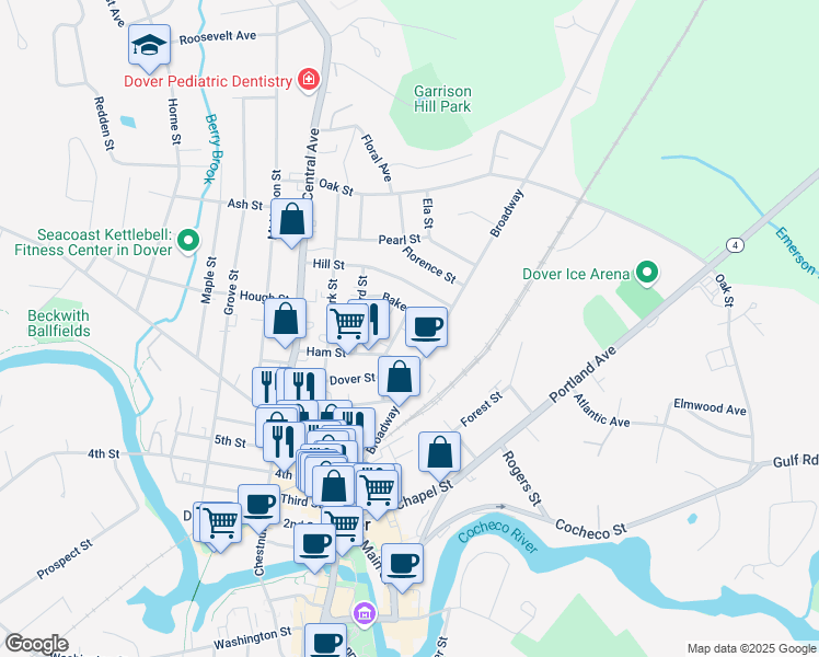 map of restaurants, bars, coffee shops, grocery stores, and more near 78 Broadway in Dover