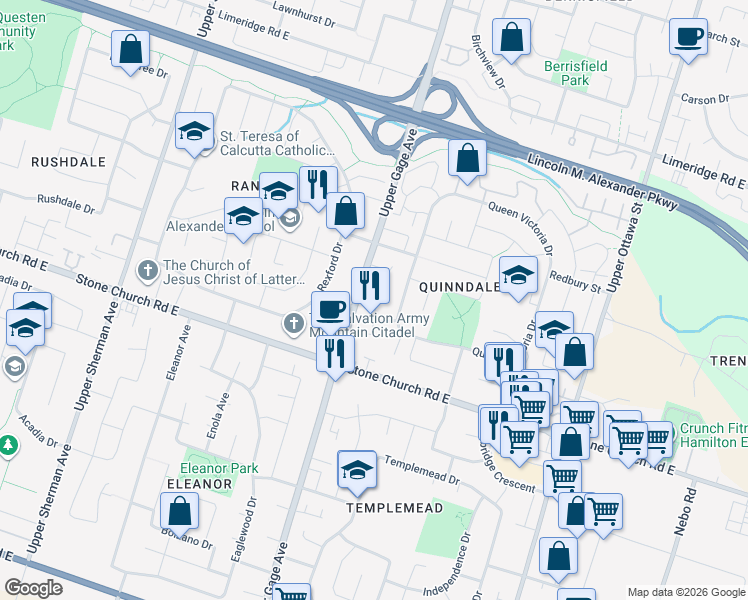 map of restaurants, bars, coffee shops, grocery stores, and more near 1355 Upper Gage Avenue in Hamilton