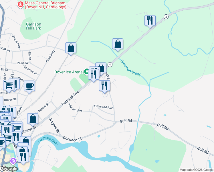 map of restaurants, bars, coffee shops, grocery stores, and more near 87 Oak Street in Dover
