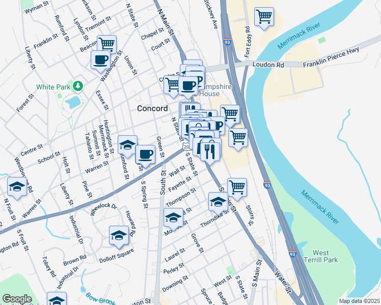 map of restaurants, bars, coffee shops, grocery stores, and more near 17 South State Street in Concord