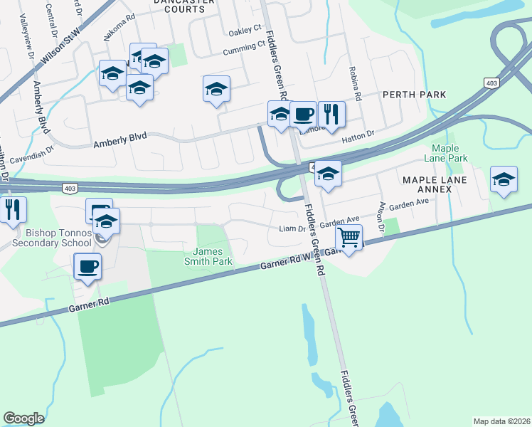 map of restaurants, bars, coffee shops, grocery stores, and more near 64 Foxborough Drive in Hamilton