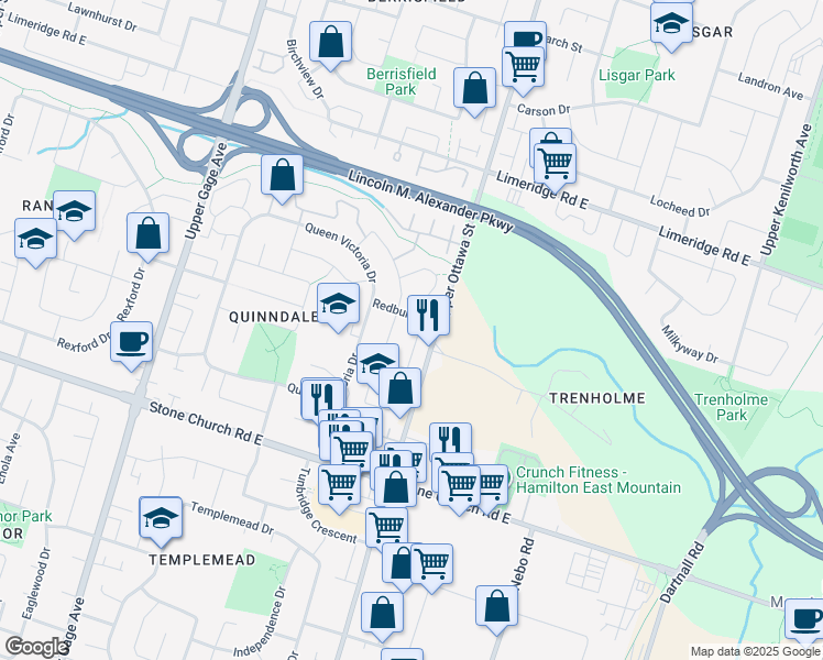 map of restaurants, bars, coffee shops, grocery stores, and more near 1300 Upper Ottawa Street in Hamilton