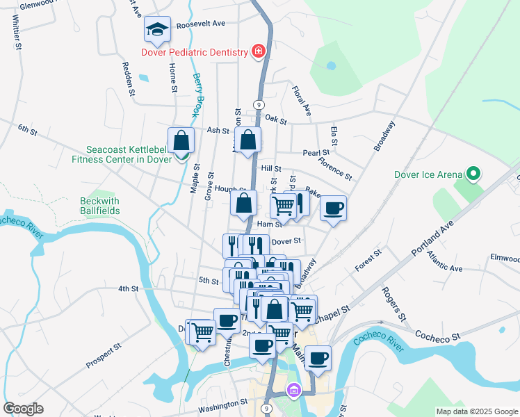 map of restaurants, bars, coffee shops, grocery stores, and more near 4 Ham Street in Dover