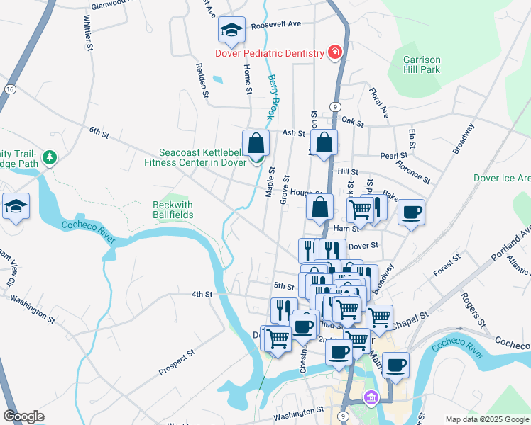 map of restaurants, bars, coffee shops, grocery stores, and more near 2 Maple Street in Dover