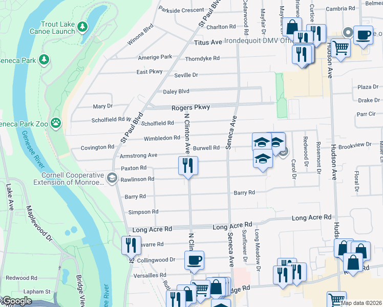 map of restaurants, bars, coffee shops, grocery stores, and more near 210 Paxton Road in Irondequoit