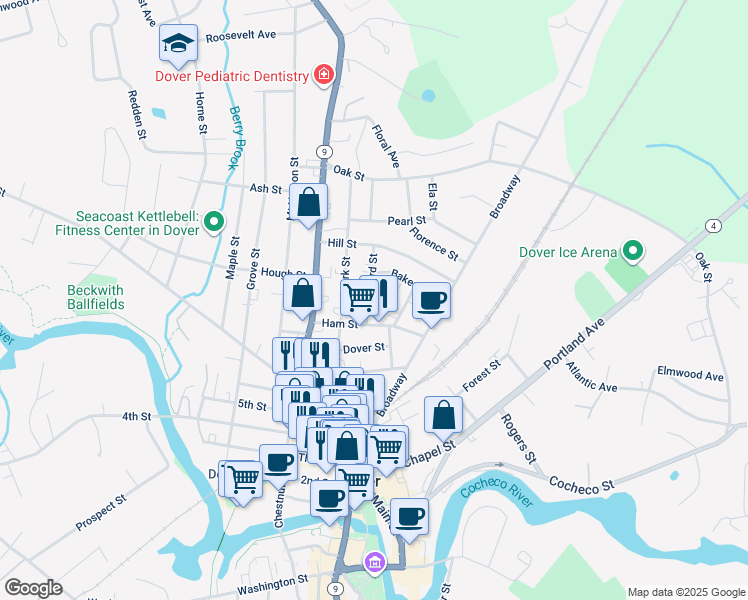 map of restaurants, bars, coffee shops, grocery stores, and more near 18 Ham Street in Dover