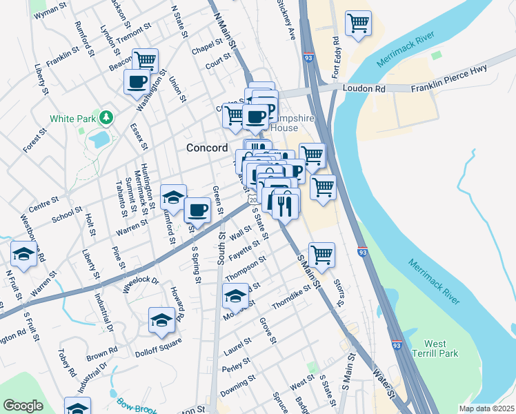 map of restaurants, bars, coffee shops, grocery stores, and more near 17 South State Street in Concord