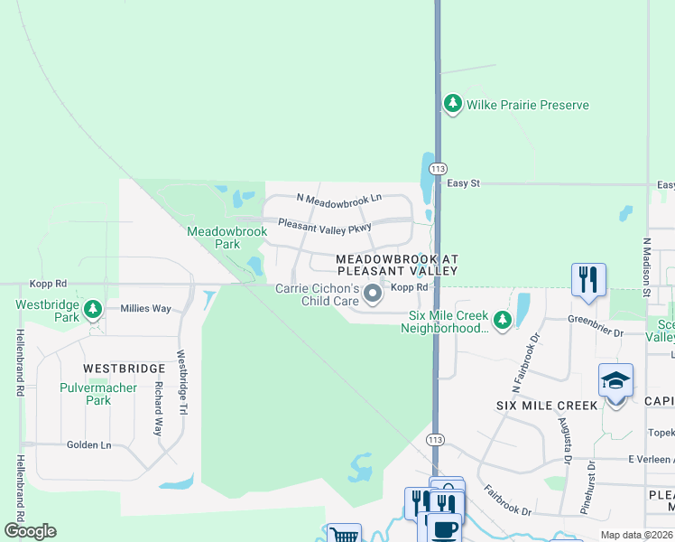 map of restaurants, bars, coffee shops, grocery stores, and more near 533 Vanderbilt Drive in Waunakee