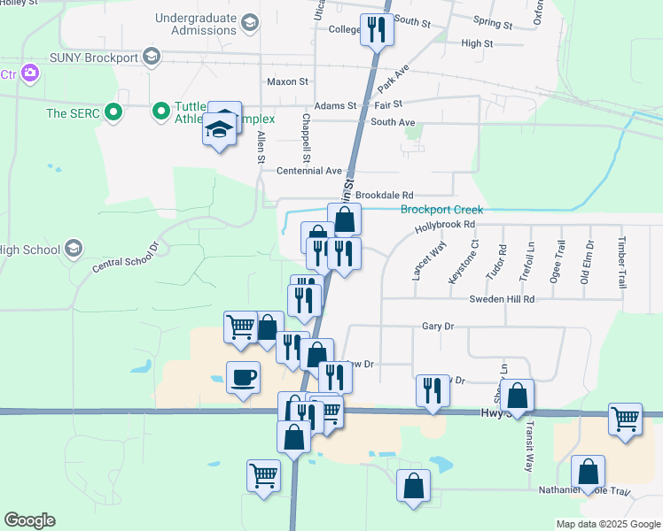 map of restaurants, bars, coffee shops, grocery stores, and more near 10 Ellis Drive in Brockport