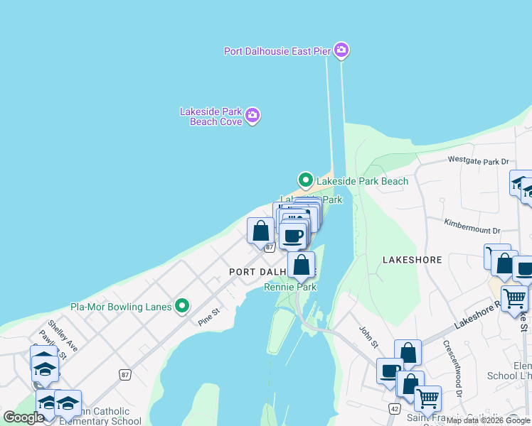 map of restaurants, bars, coffee shops, grocery stores, and more near 10 Dalhousie Avenue in St. Catharines