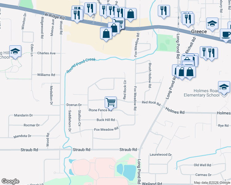 map of restaurants, bars, coffee shops, grocery stores, and more near 196 Red Rock Road in Rochester