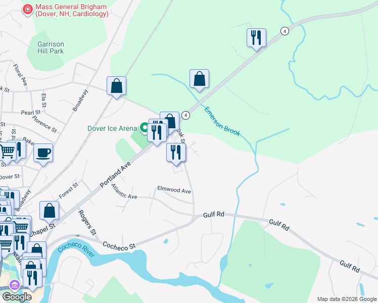 map of restaurants, bars, coffee shops, grocery stores, and more near 99 Oak Street in Dover