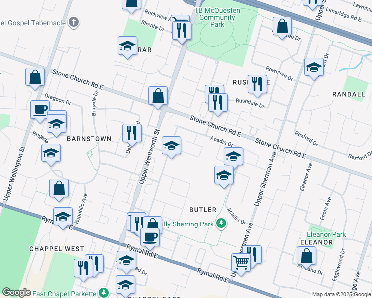map of restaurants, bars, coffee shops, grocery stores, and more near in Hamilton